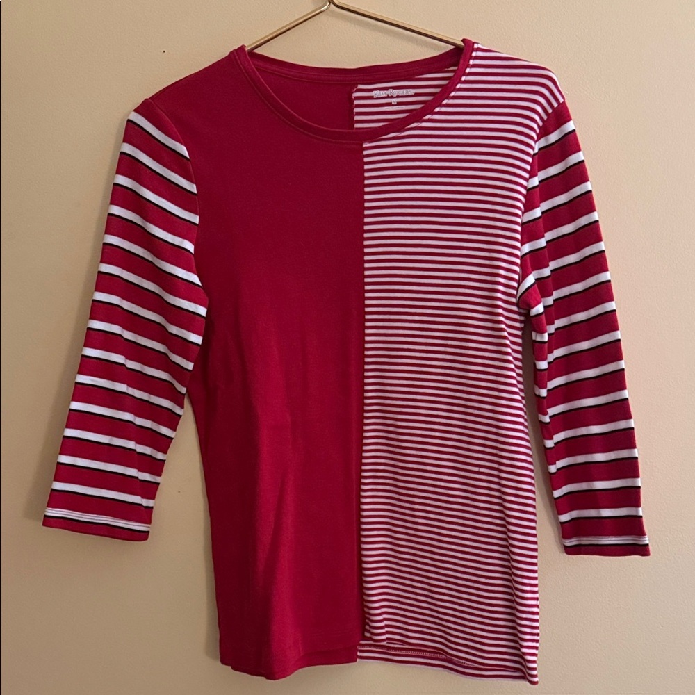 Kim Rogers 100% Cotton Women’s Red Split-Panel Striped Long Sleeve Top
